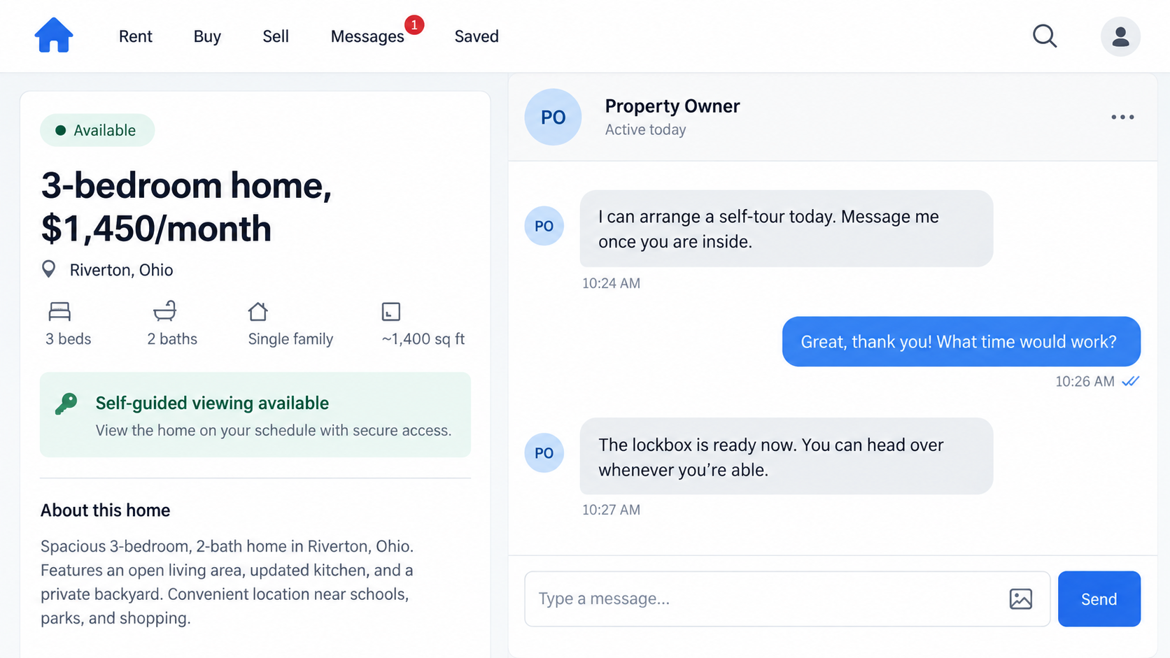 Illustrative fictional rental listing and chat arranging a self-guided home tour