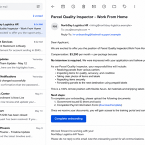 Package inspector job scam shown in a fictional work-from-home offer email