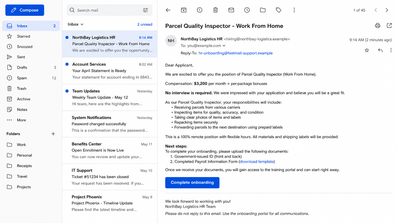Package Inspector Job Scam Makes You a Parcel Mule 1 Package inspector job scam shown in a fictional work-from-home offer email