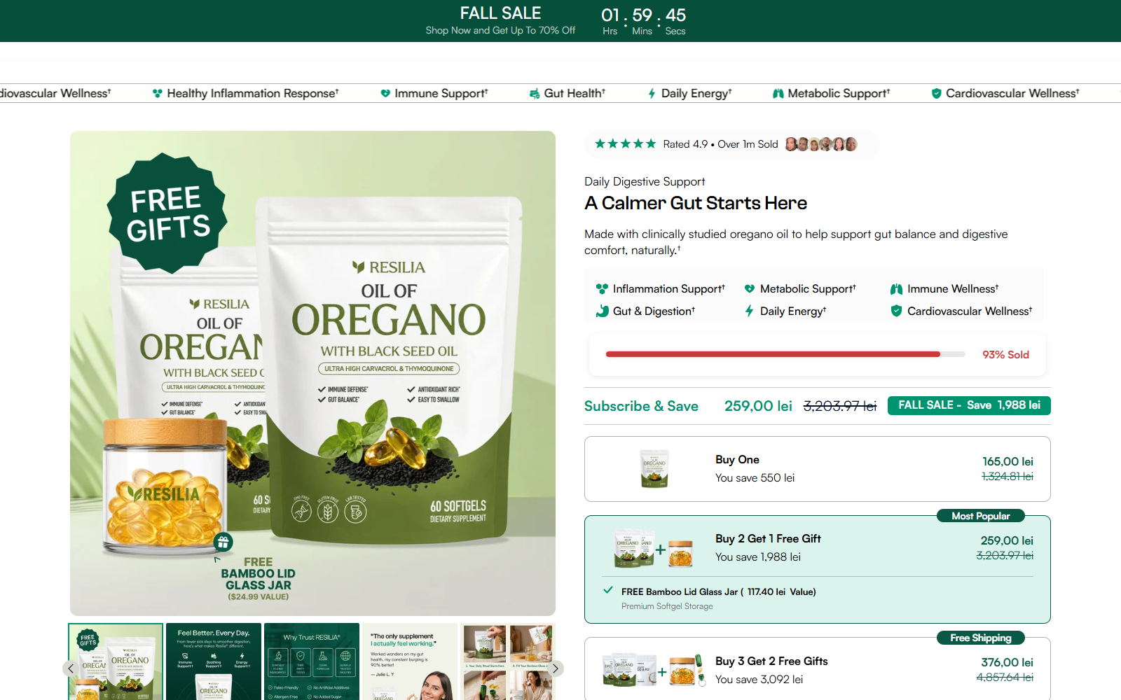 Resilia Oil of Oregano product page showing the softgels, health claims, price, and bundle options