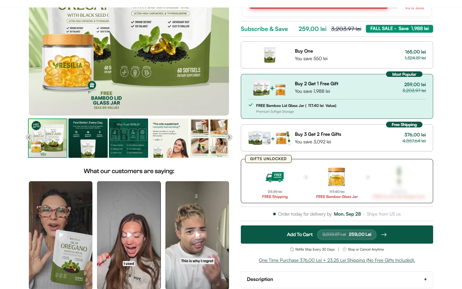 Resilia checkout area showing Subscribe and Save, recurring 30-day refills, and one-time purchase option