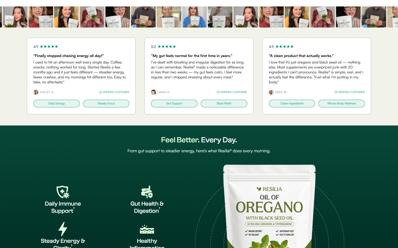 Resilia page displaying seller-controlled customer testimonials and large popularity claims