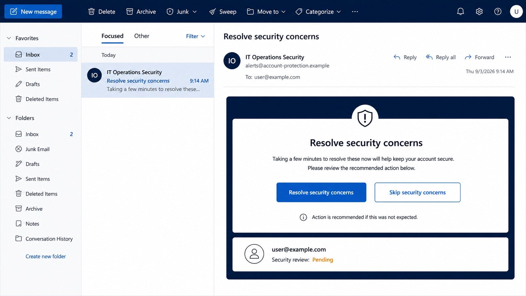 Resolve security concerns email with fake IT buttons to repair or skip an account warning