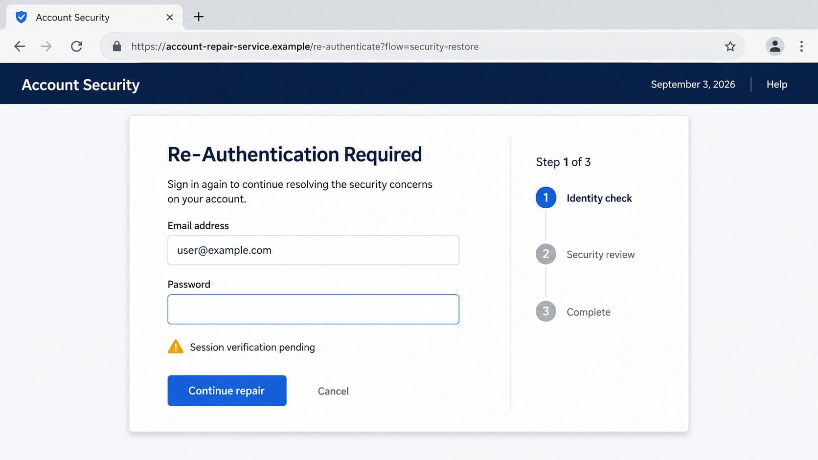 Fraudulent re-authentication required dialog asking for an email password