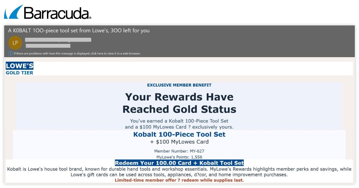 Barracuda capture of a fake retailer reward email promising a Kobalt tool set and store card