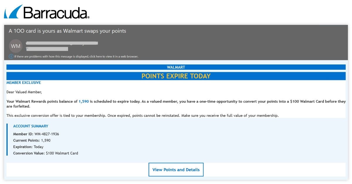 Barracuda capture of a fake Walmart points-expiration email with a button to view points and details