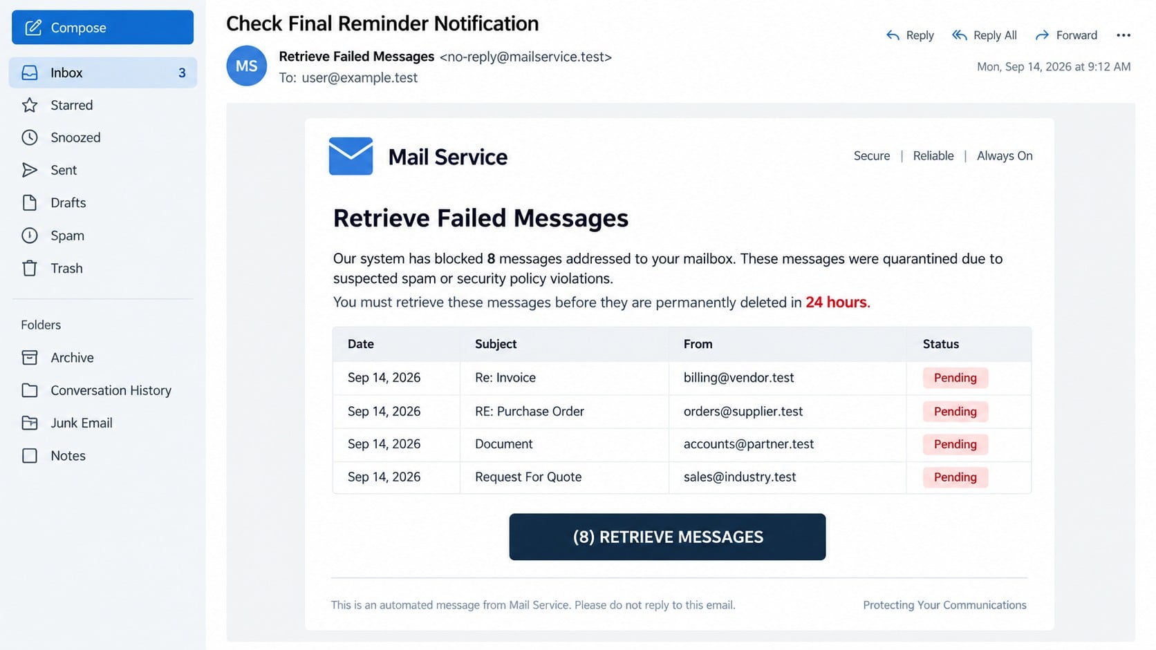 Recreated Retrieve Failed Messages phishing email listing quarantined mail