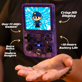 Official RetroSnap Play promotional image showing a purple handheld console and claims of over 17000 games