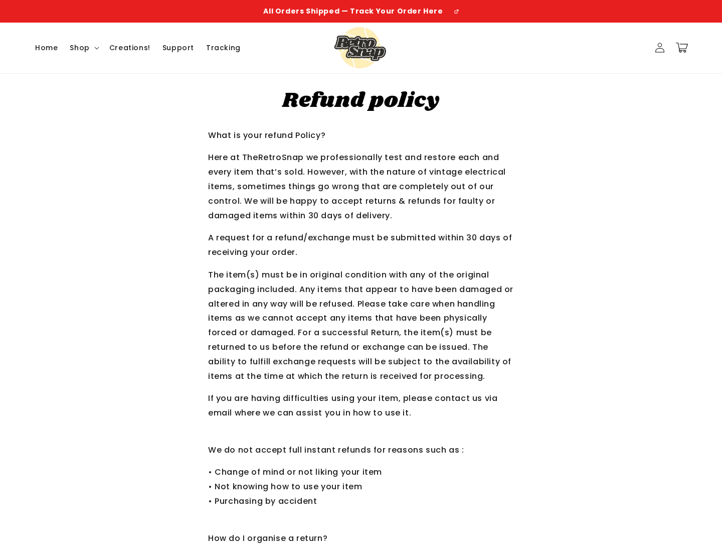 RetroSnap refund policy showing restrictions for change-of-mind returns and requirements for faulty products