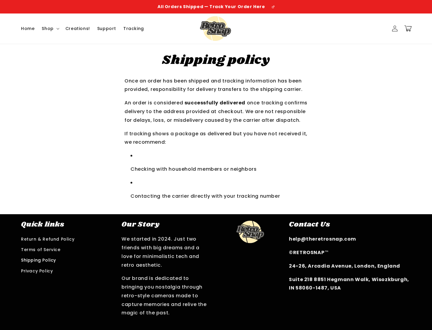 RetroSnap shipping policy and footer displaying delivery responsibility terms and the listed business addresses