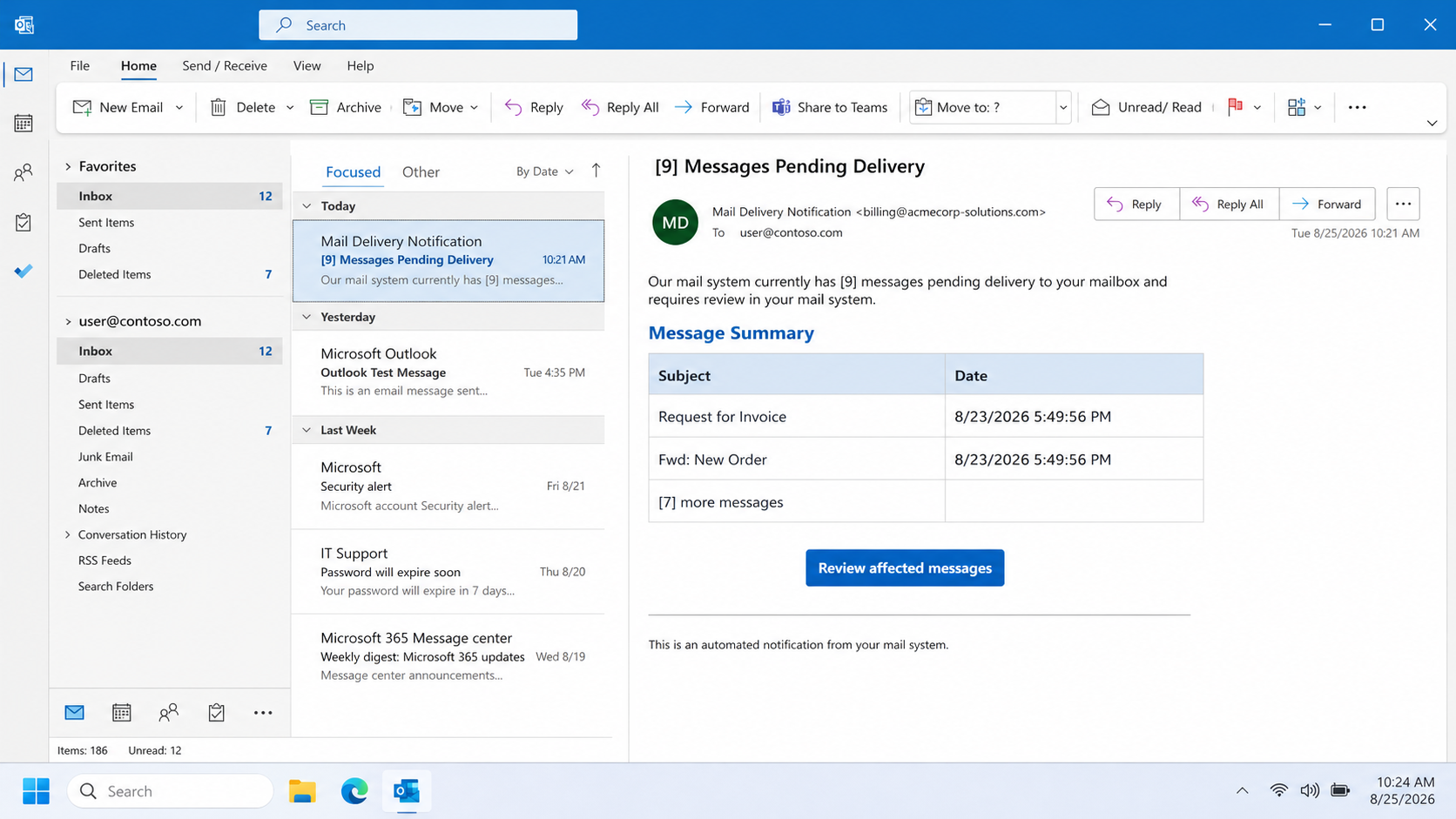 Review Pending Messages phishing email showing nine held messages