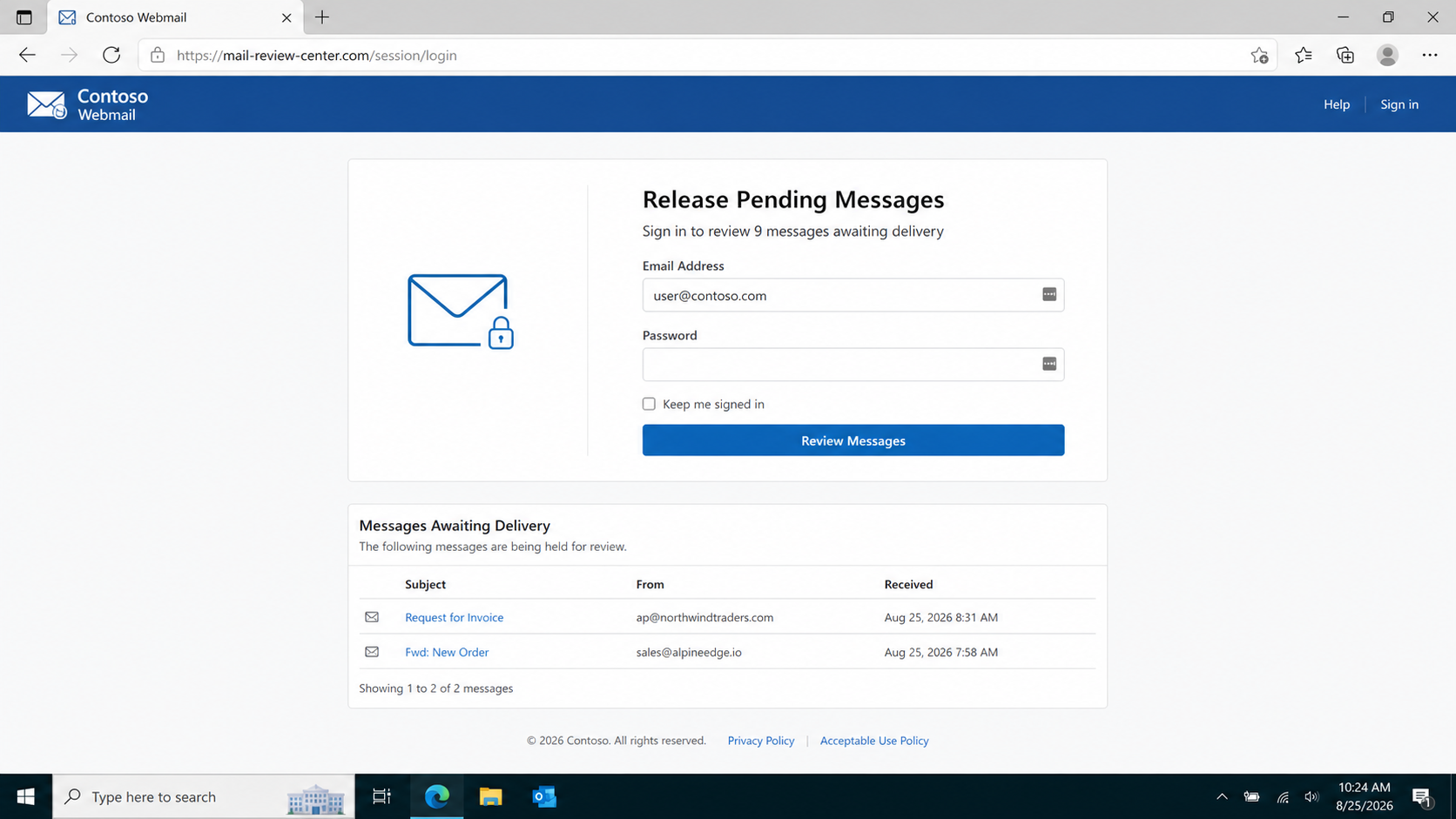 Fake Webmail portal requesting a password to release pending messages