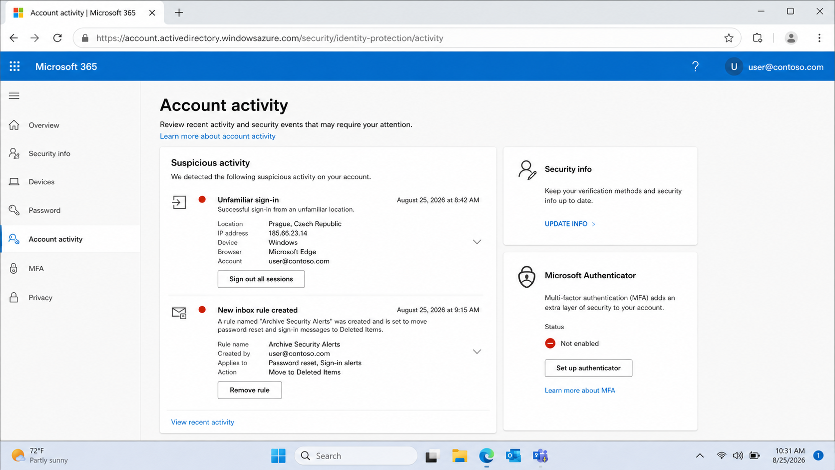 Mailbox account activity showing an unfamiliar login and malicious inbox rule