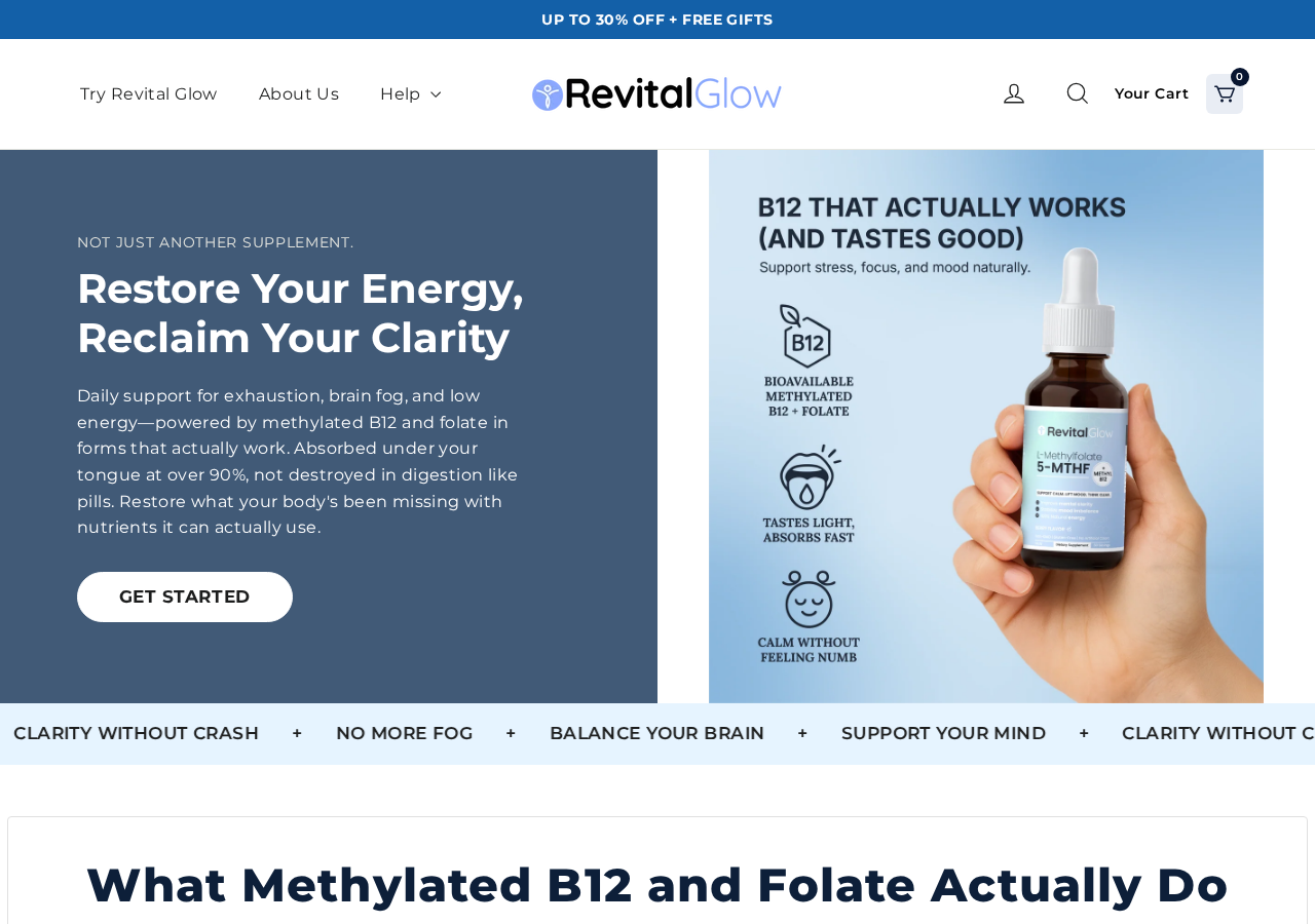 RevitalGlow website showing methylated B12 and folate liquid drops