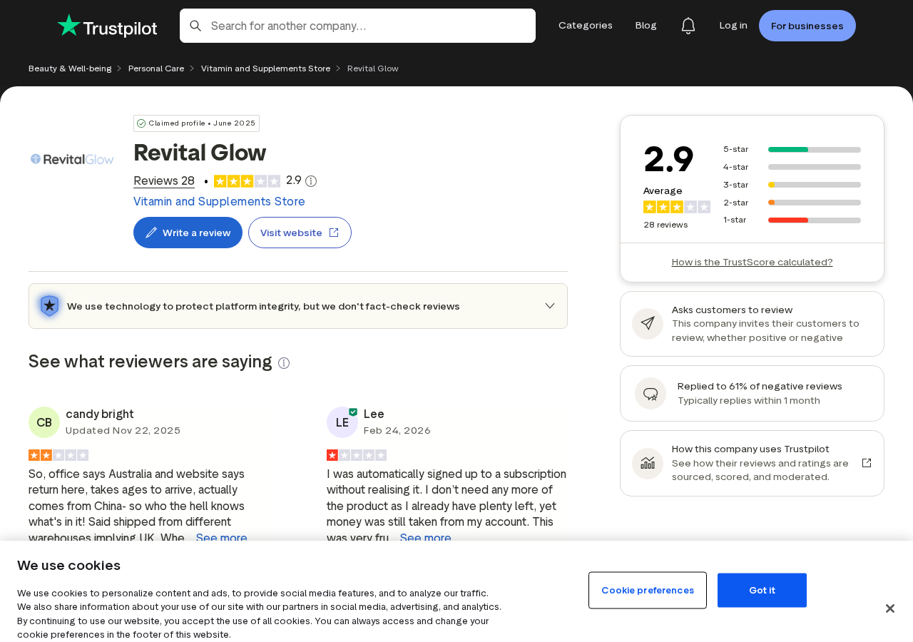 RevitalGlow Trustpilot profile showing mixed reviews and subscription complaints