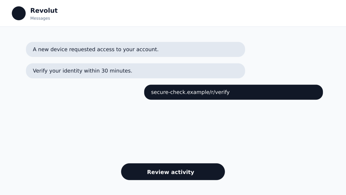 Revolut Phishing Texts Fake a Camera Identity Check 1 Revolut phishing text appearing in a trusted banking message thread