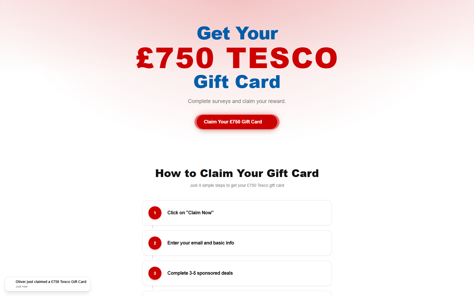 RewardBasket page advertising a £750 Tesco gift card for sponsored deals