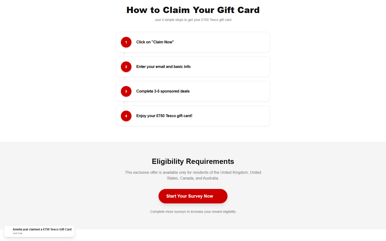 RewardBasket eligibility section and claim steps for the Tesco reward