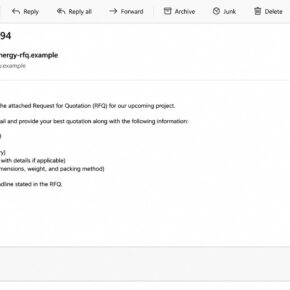 RFQ confirmation phishing email requesting supplier pricing and production details