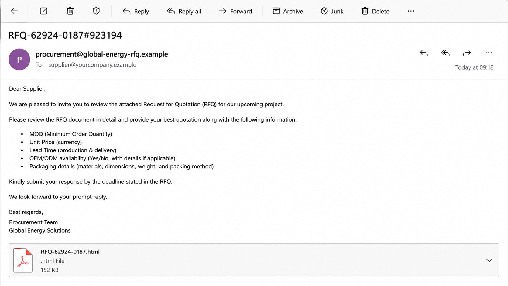 RFQ confirmation phishing email requesting supplier pricing and production details