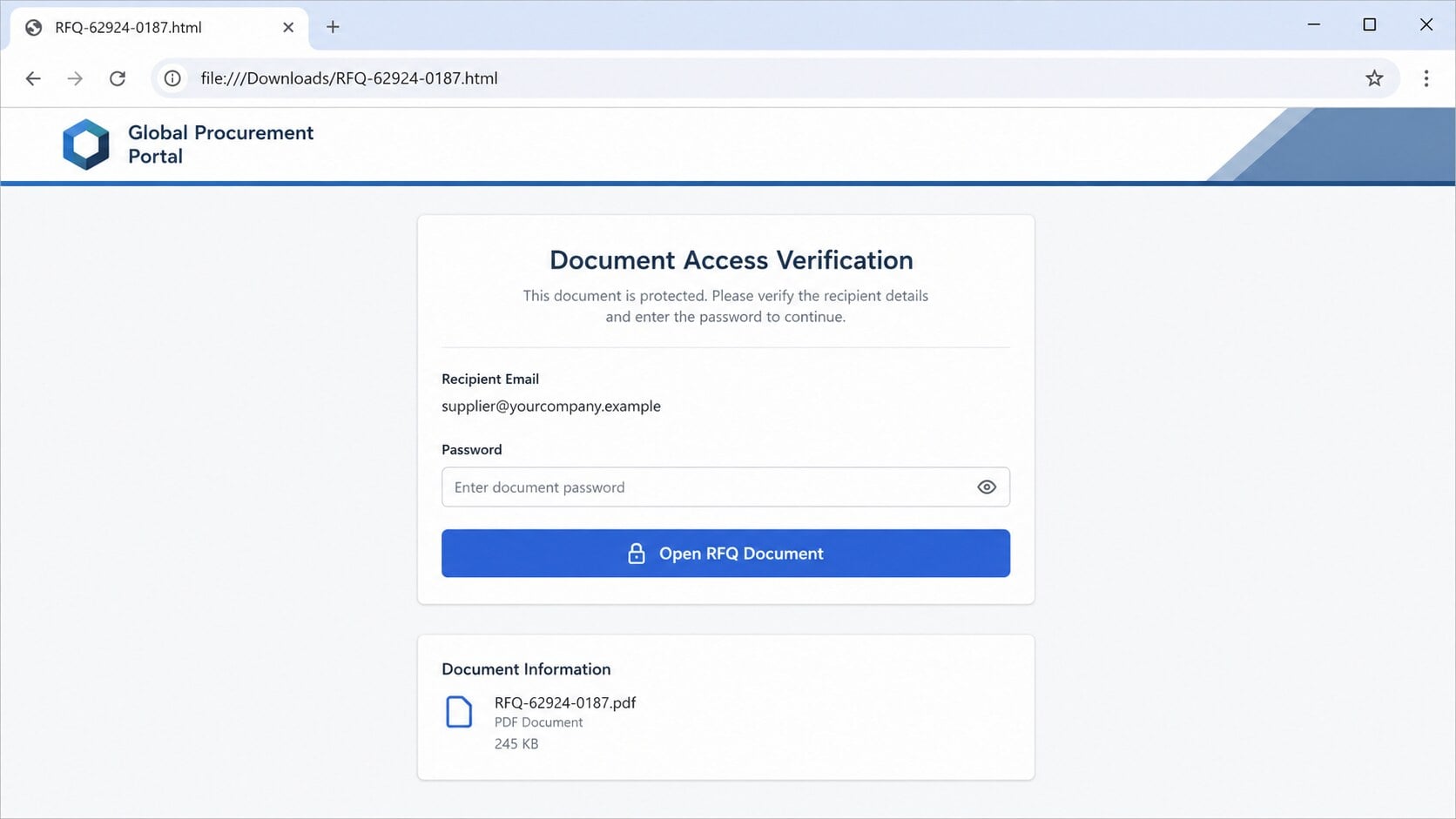 Fake secure document sign-in page opened from an RFQ HTML attachment