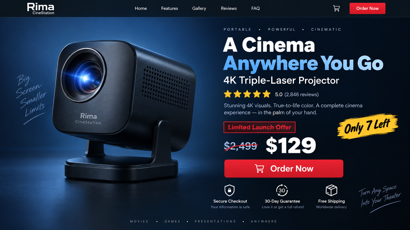 Rima CineStation promotional page offering a $129 portable projector