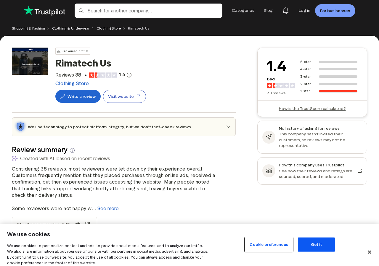 Rima Technology Trustpilot page showing a 1.4 rating and customer complaints