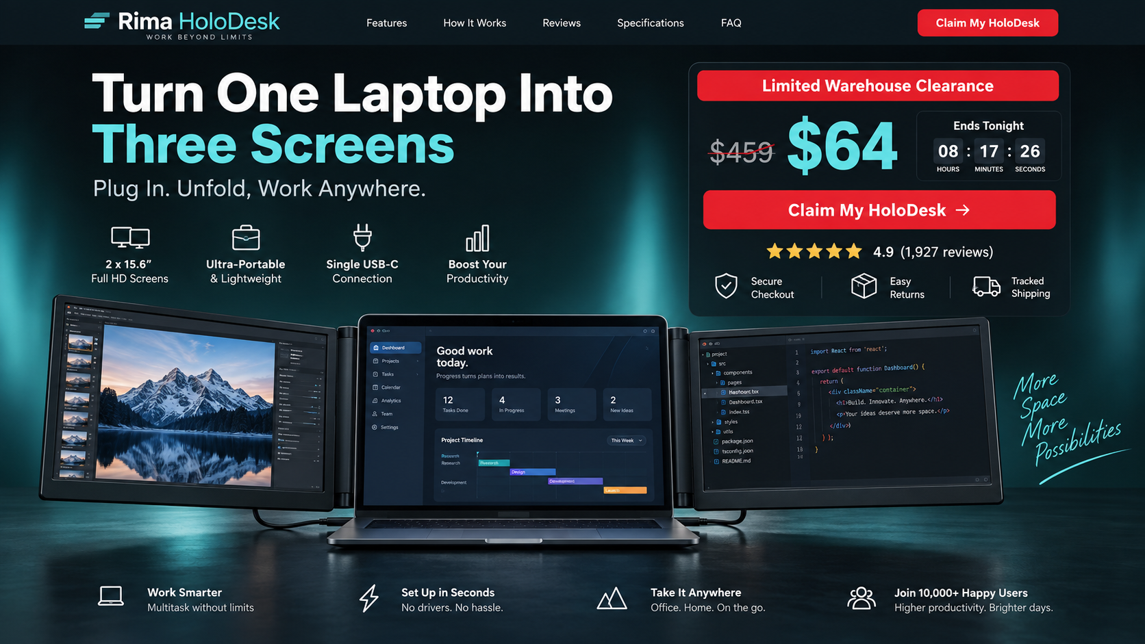 Rima HoloDesk promotional page advertising a triple-screen laptop accessory for $64