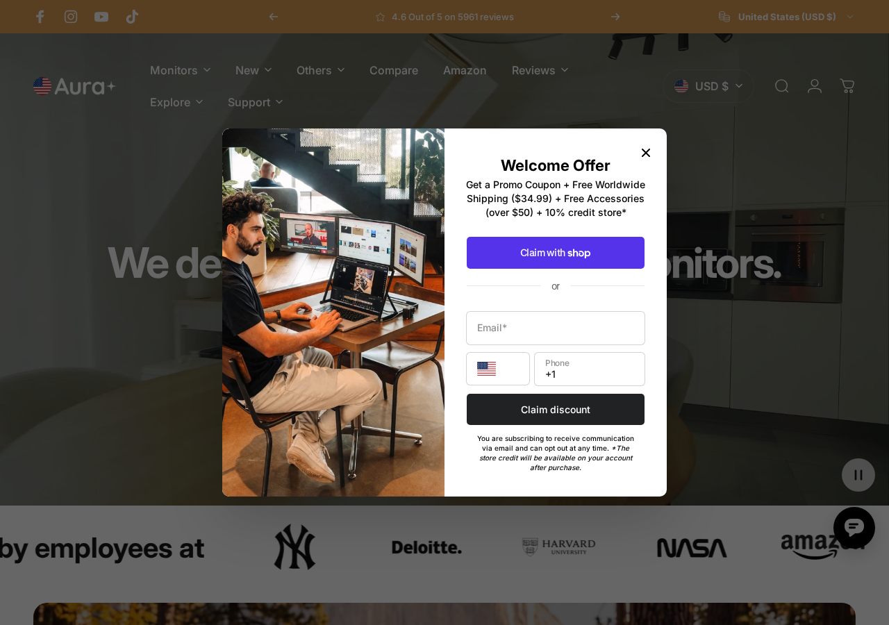 Aura Displays official store showing triple-screen laptop monitor products