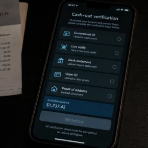 Realistic reconstruction of a cash-out verification page requesting government ID a live selfie bank statements voter ID and proof of address
