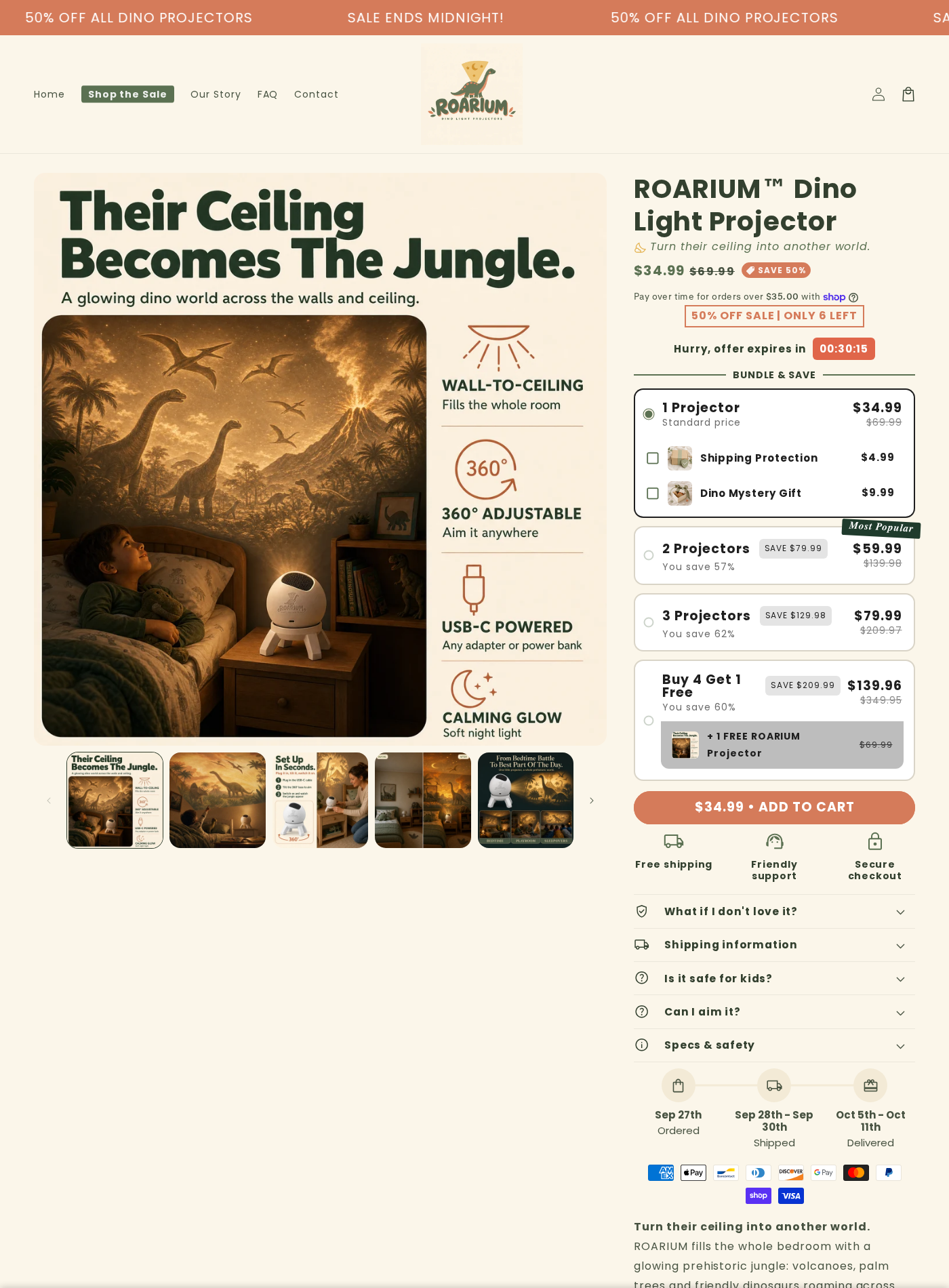 Roarium Dino Light Projector page showing 50% off, low-stock urgency, a countdown, bundles, shipping protection, and a mystery gift