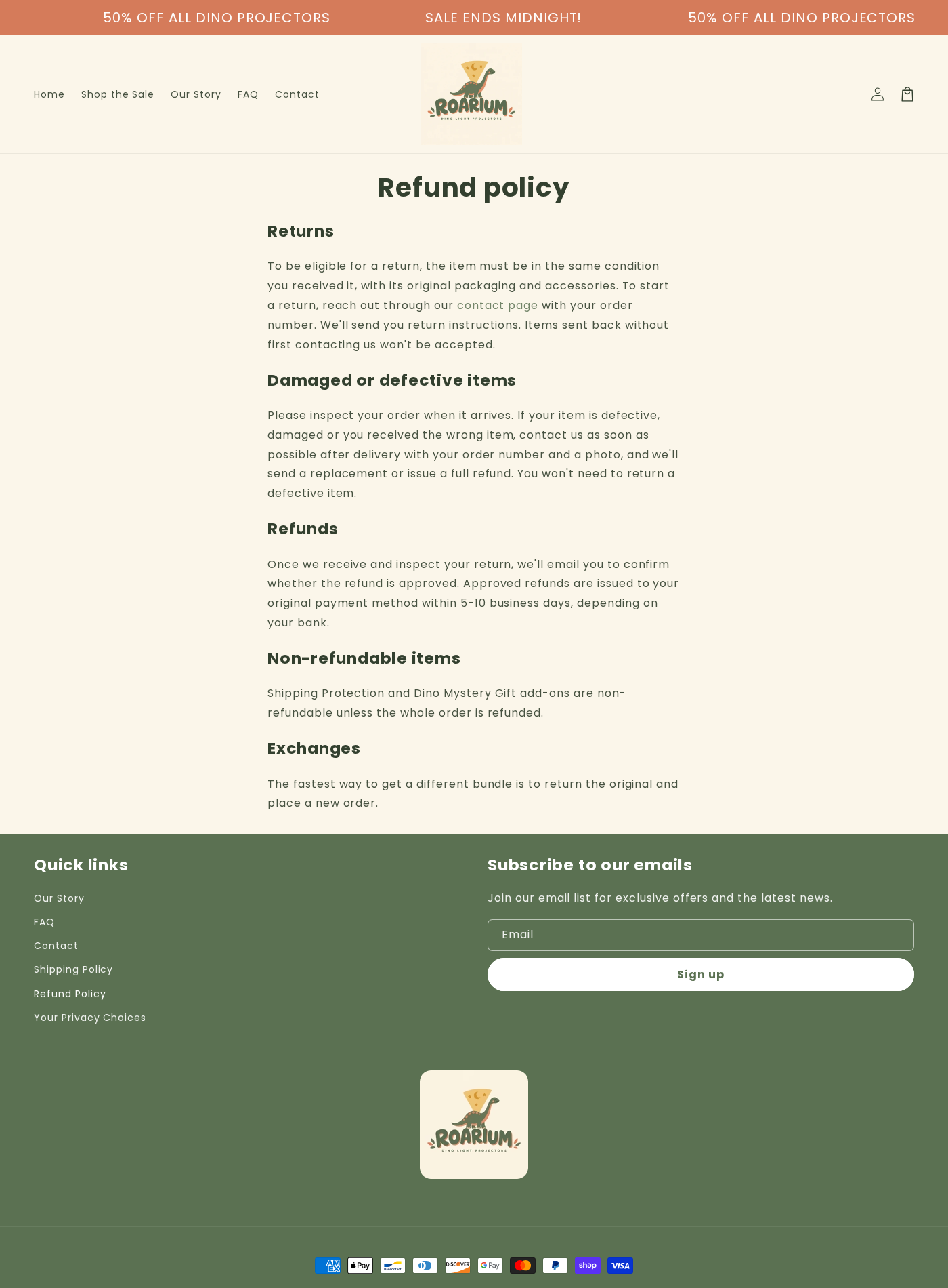 Roarium refund policy listing return conditions without a clear time limit or public return address