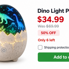 Illustrative Roarium dinosaur projector offer showing the displayed single-unit price and optional shipping protection