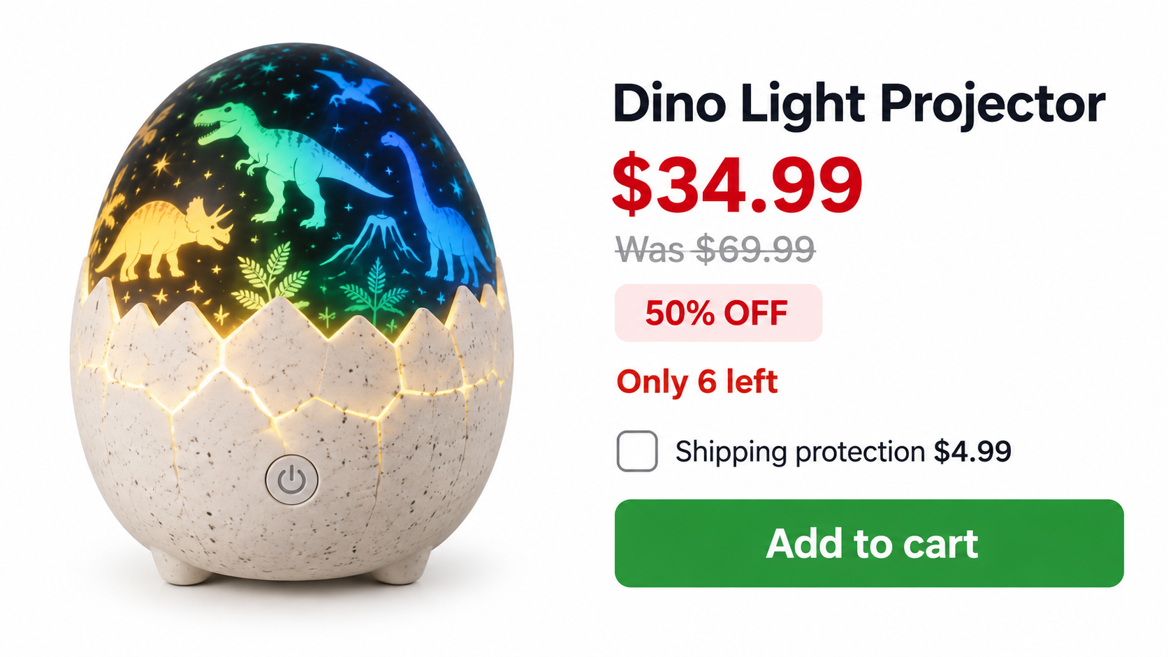 Roarium Dino Projector Reviews: Sale Claims, Bundles, and Returns Checked 1 Illustrative Roarium dinosaur projector offer showing the displayed single-unit price and optional shipping protection