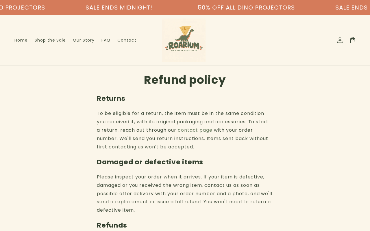 Roarium Dino Projector Reviews: Sale Claims, Bundles, and Returns Checked 2 Roarium refund policy showing return contact and original packaging requirements