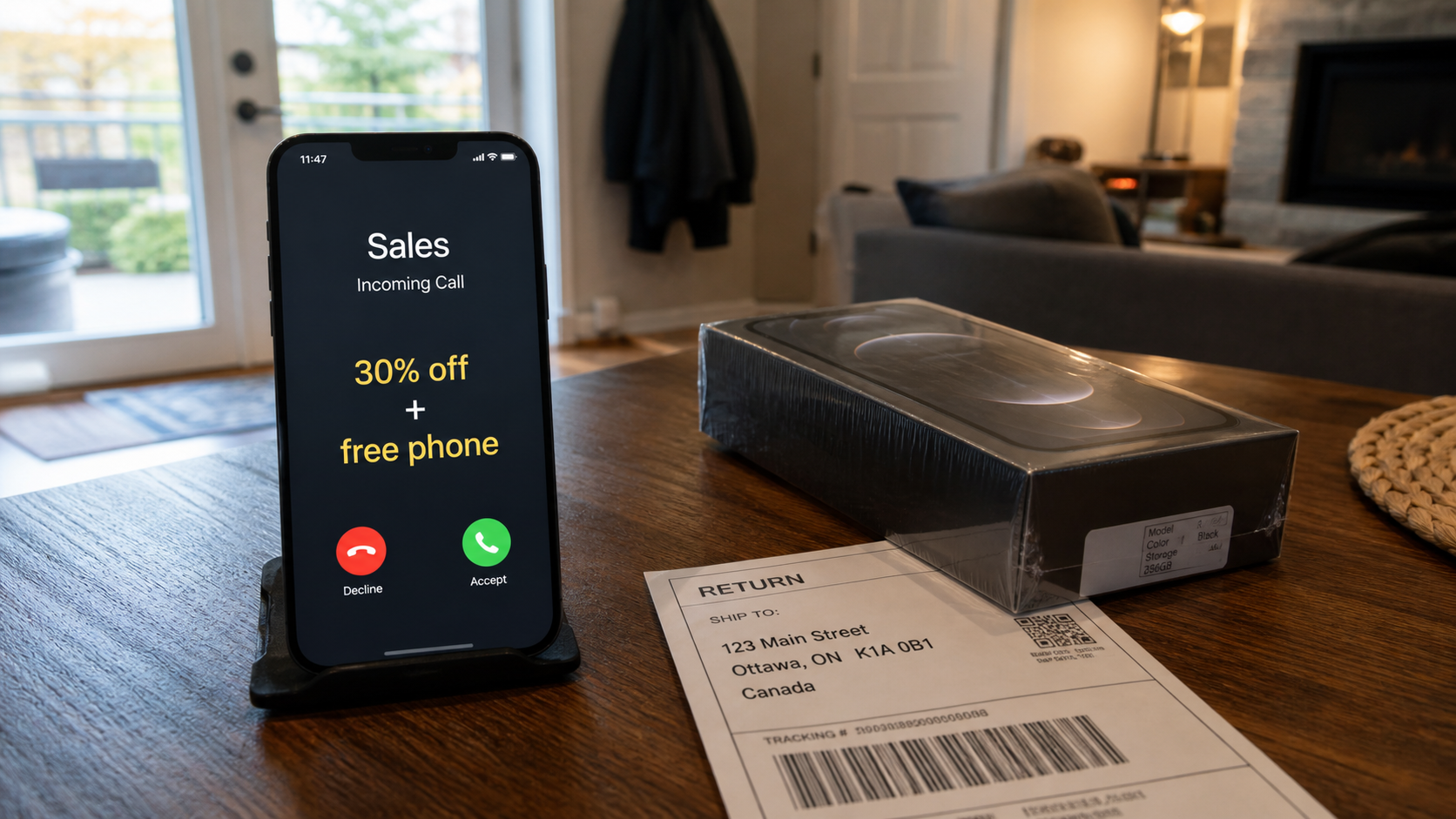 Realistic reconstruction of a Rogers and Fido promotion scam involving a delivered phone and false return label