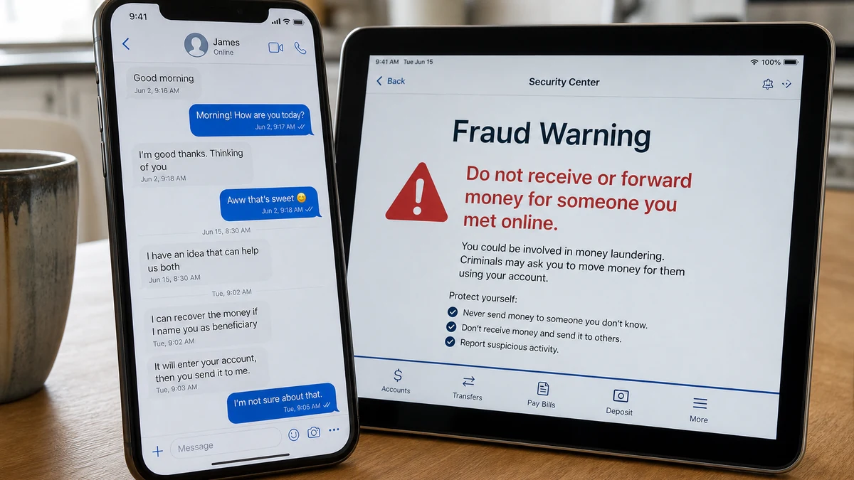 Romance Beneficiary Offer Hides a Money Mule Trap 2 Realistic phone romance chat asking a woman to become a beneficiary beside a tablet warning about receiving and forwarding money for someone online