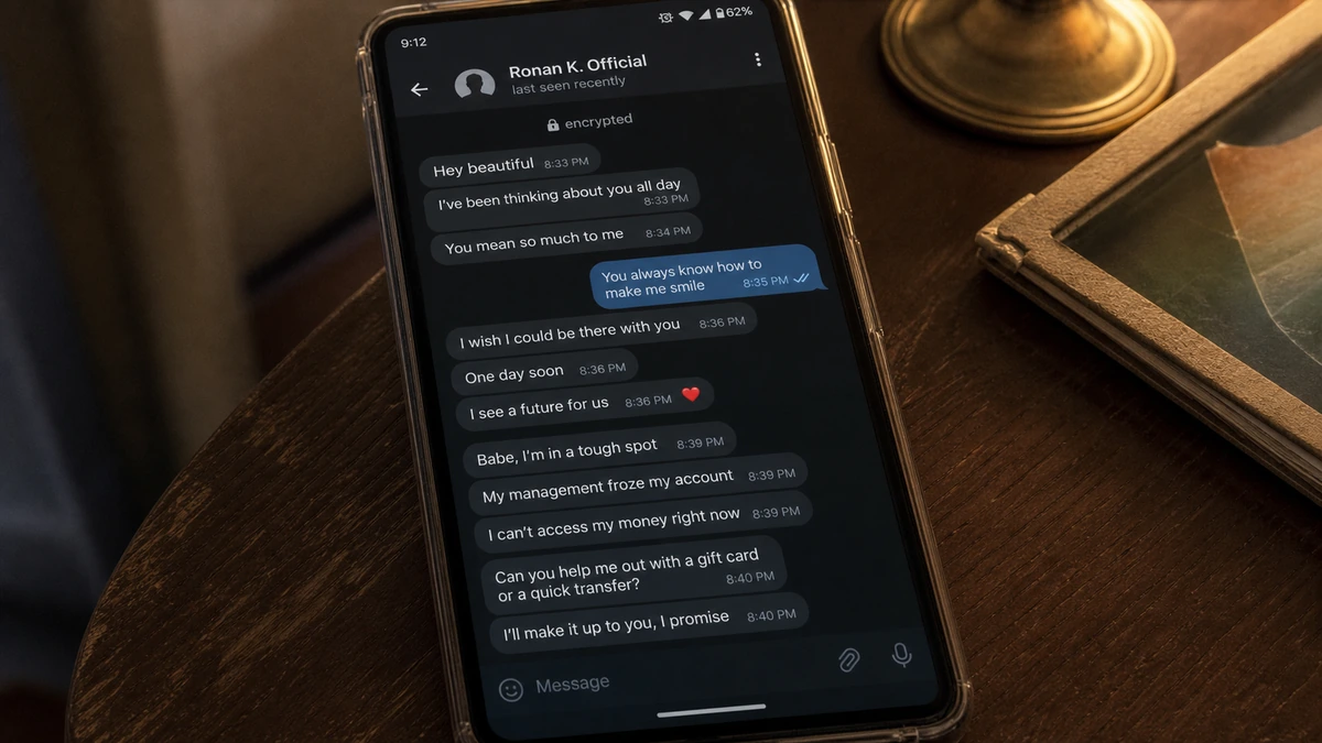 Fake Ronan Keating Romance Scam Keeps Asking for Money 1 Realistic reconstruction of a celebrity romance impostor building affection before asking for a gift card or money transfer