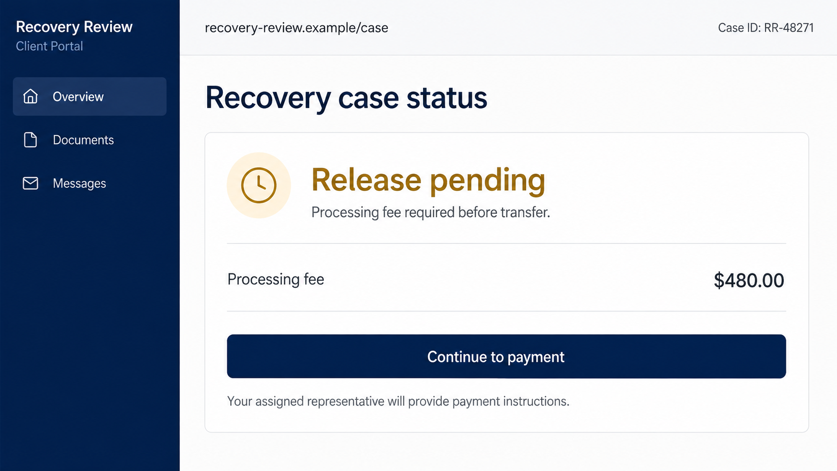 Fake recovery portal showing a $480 processing fee before supposedly releasing recovered funds