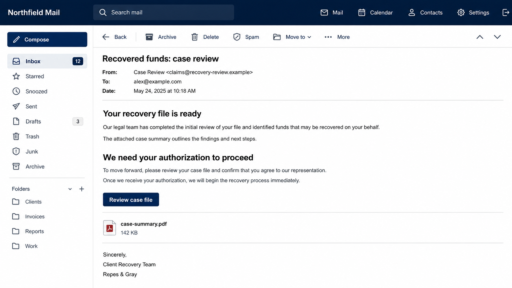 Fake recovery email impersonating a legal team and claiming that a recovered funds case is ready
