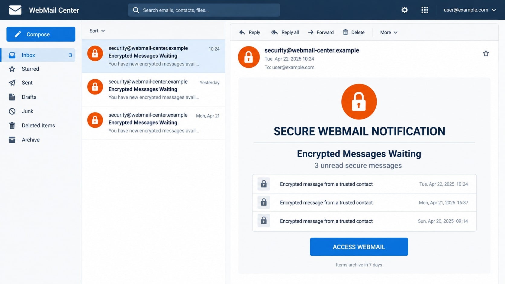 Illustrative encrypted messages waiting phishing email