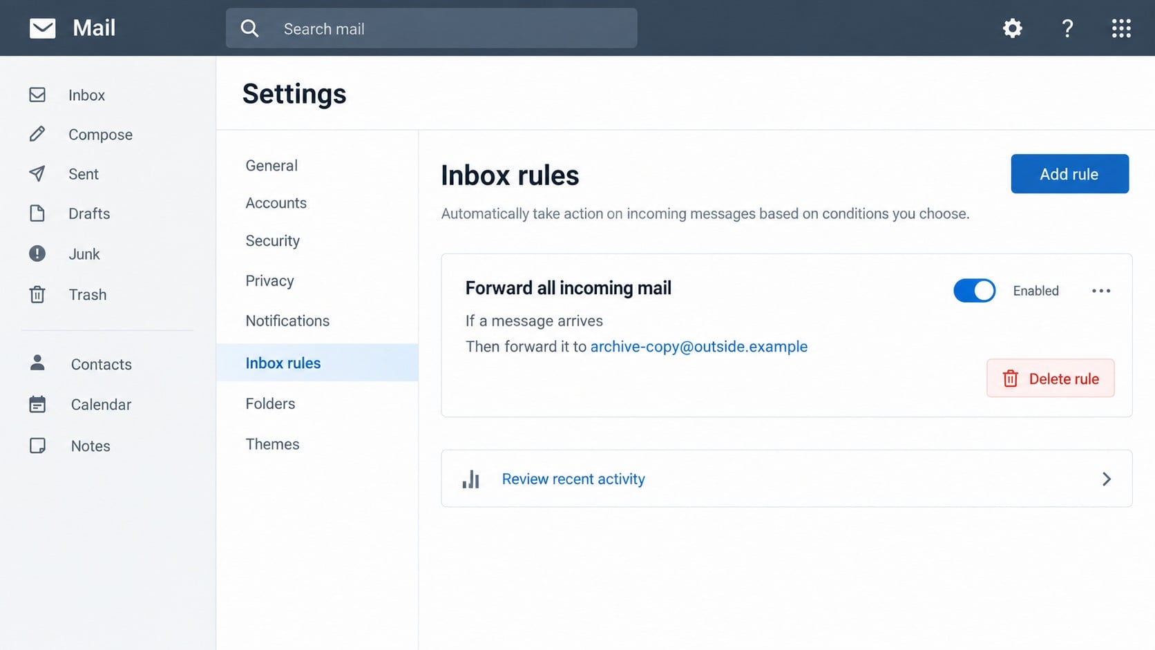Illustrative unauthorized webmail forwarding rule