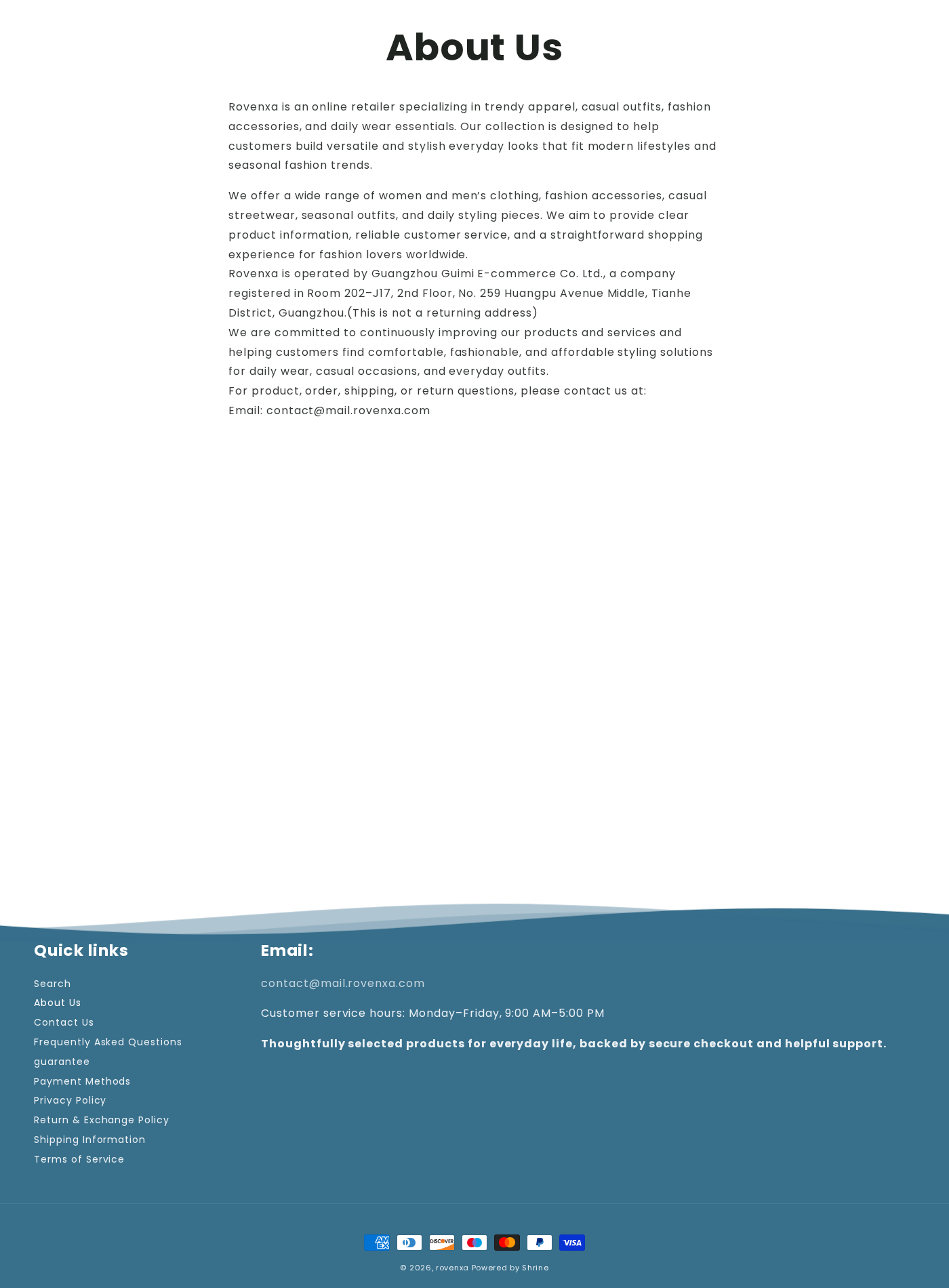 Rovenxa About Us page naming Guangzhou Guimi E-commerce and a Guangzhou registration address