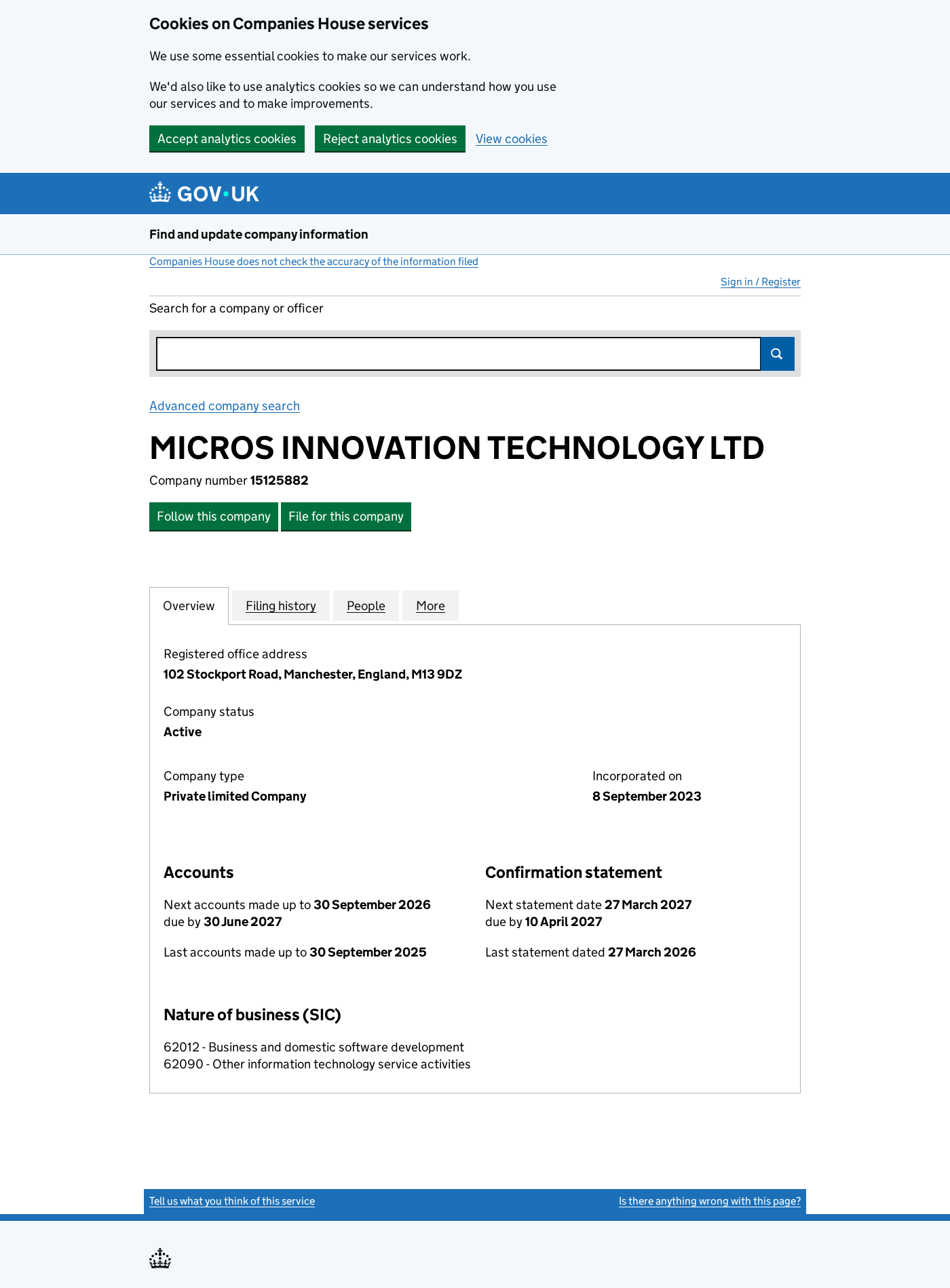 Companies House record for MICROS INNOVATION TECHNOLOGY LTD showing its Manchester address and technology business classifications