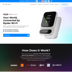 Official Ryoko Pro WiFi page showing the portable hotspot and worldwide connectivity claims