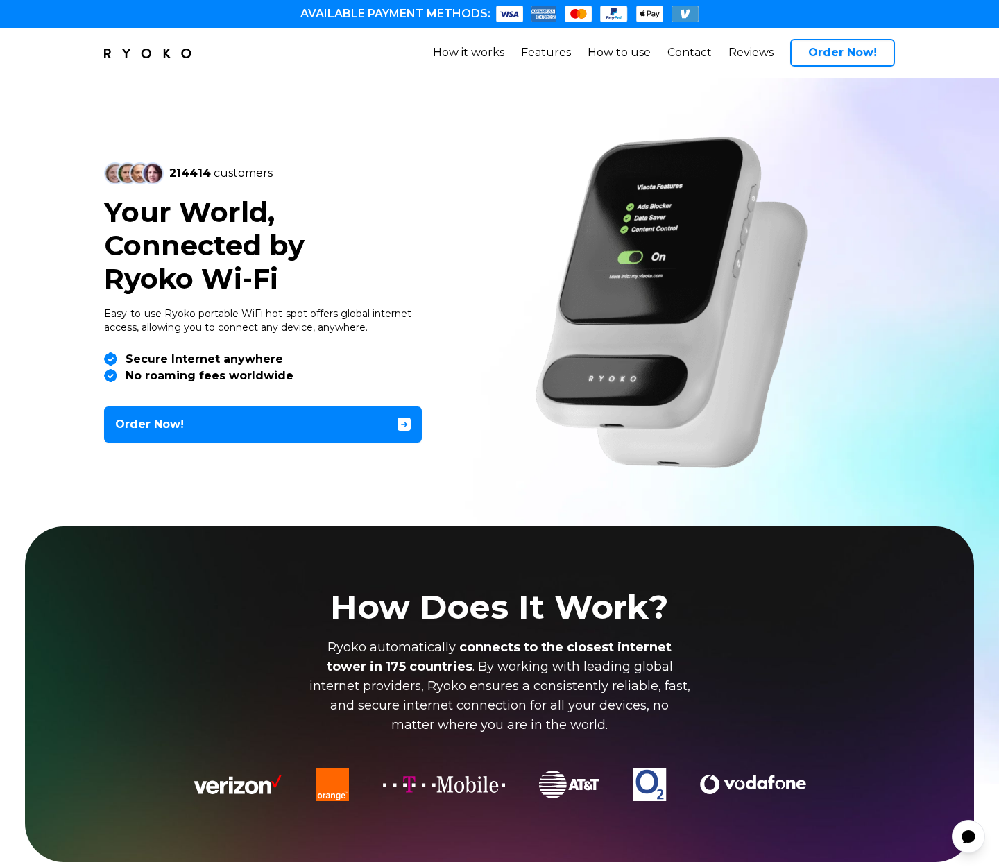 Official Ryoko Pro WiFi page showing the portable hotspot and worldwide connectivity claims