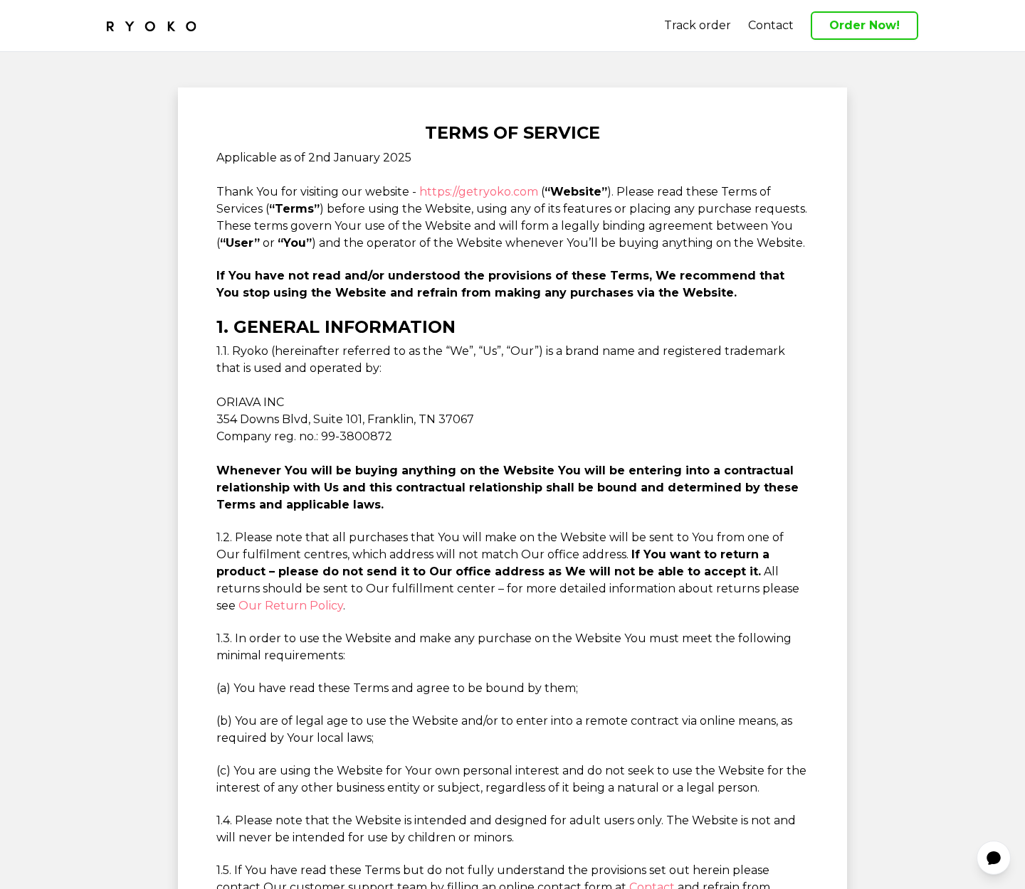 Ryoko Pro terms identifying the operating company and separate fulfillment arrangements