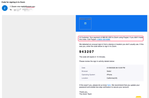 Fake Support Call Scam: Real Service Emails Carry Criminal Phone Numbers 1 Check Point capture of a genuine Zoom verification email containing an attacker-supplied fake payment warning and callback number