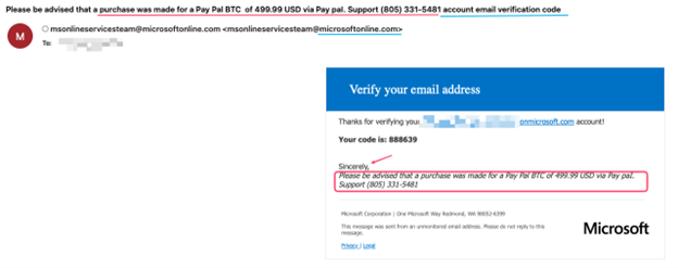 Fake Support Call Scam: Real Service Emails Carry Criminal Phone Numbers 2 Check Point capture of a Microsoft verification email with attacker-inserted fake PayPal purchase text and support number