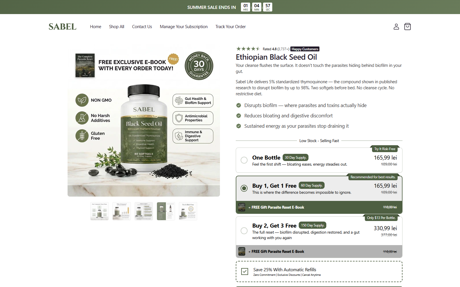 Sabel Black Seed Oil Reviews: Refill Terms Exposed 1 Sabel Ethiopian Black Seed Oil page showing parasite claims and a selected automatic refill option
